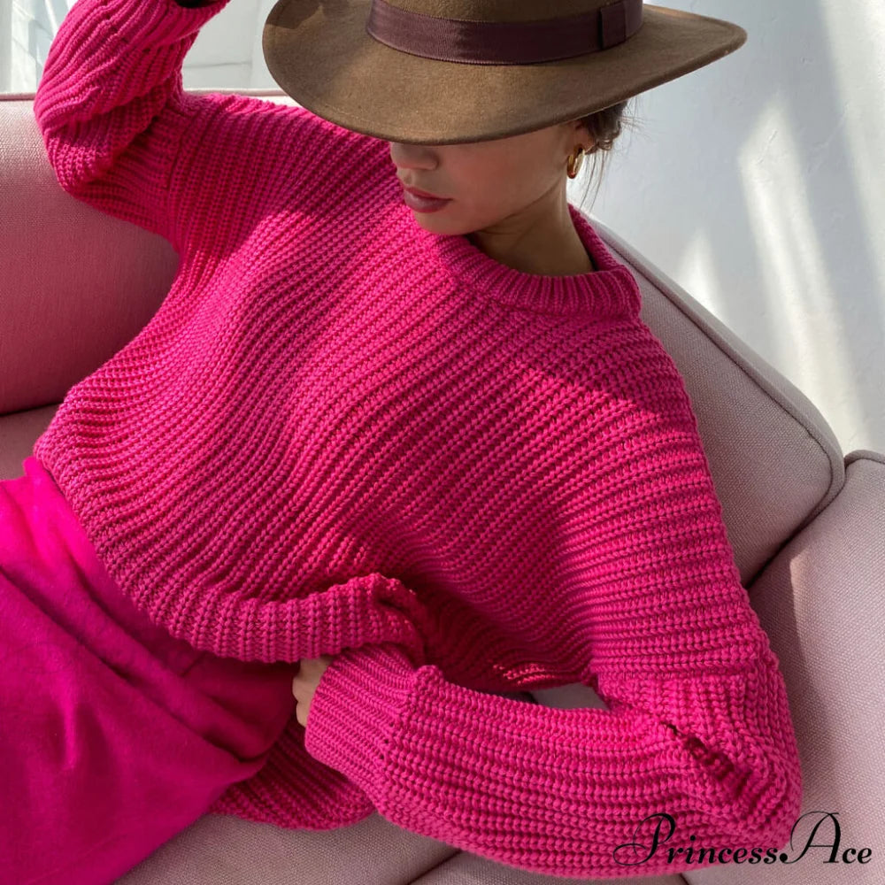 Candy Color Crewneck Trendy Pullover Sweater - Purple L / Rose