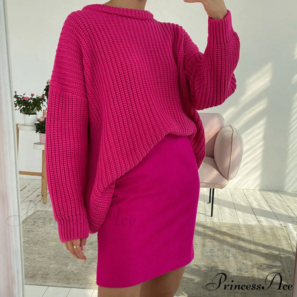 Candy Color Crewneck Trendy Pullover Sweater - Purple M / Rose