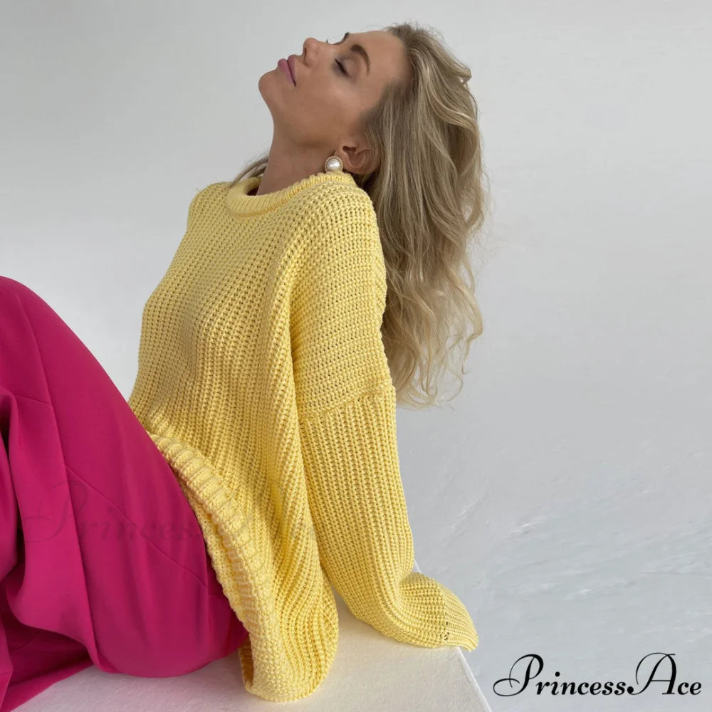 Candy Color Crewneck Trendy Pullover Sweater - Rose L / Yellow