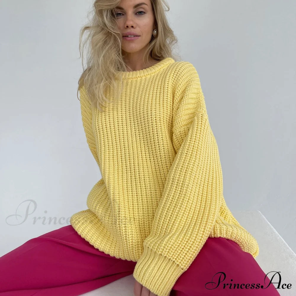 Candy Color Crewneck Trendy Pullover Sweater - Rose M / Yellow
