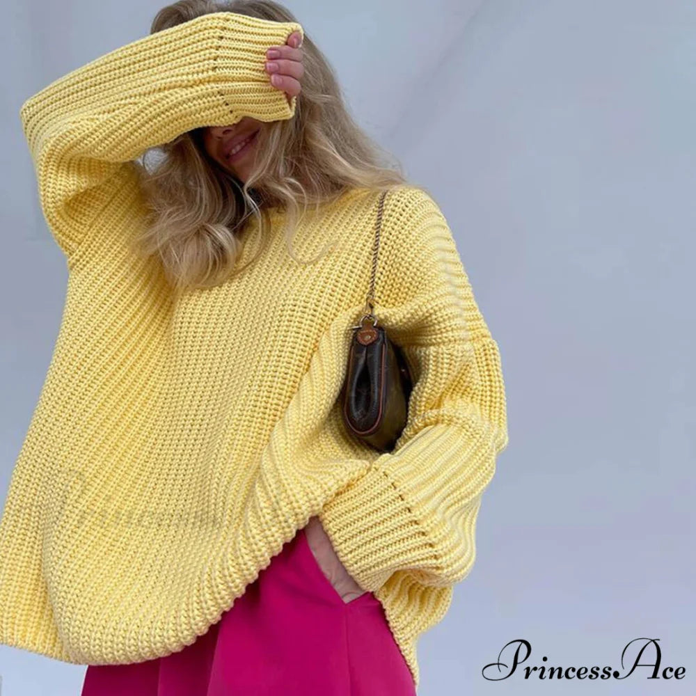 Candy Color Crewneck Trendy Pullover Sweater - Rose XL / Yellow