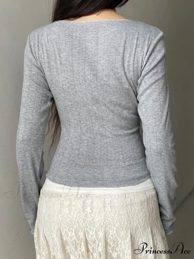 Candy Firm Bow Thin Square Neck Long Sleeve Knit Top knittop-250126