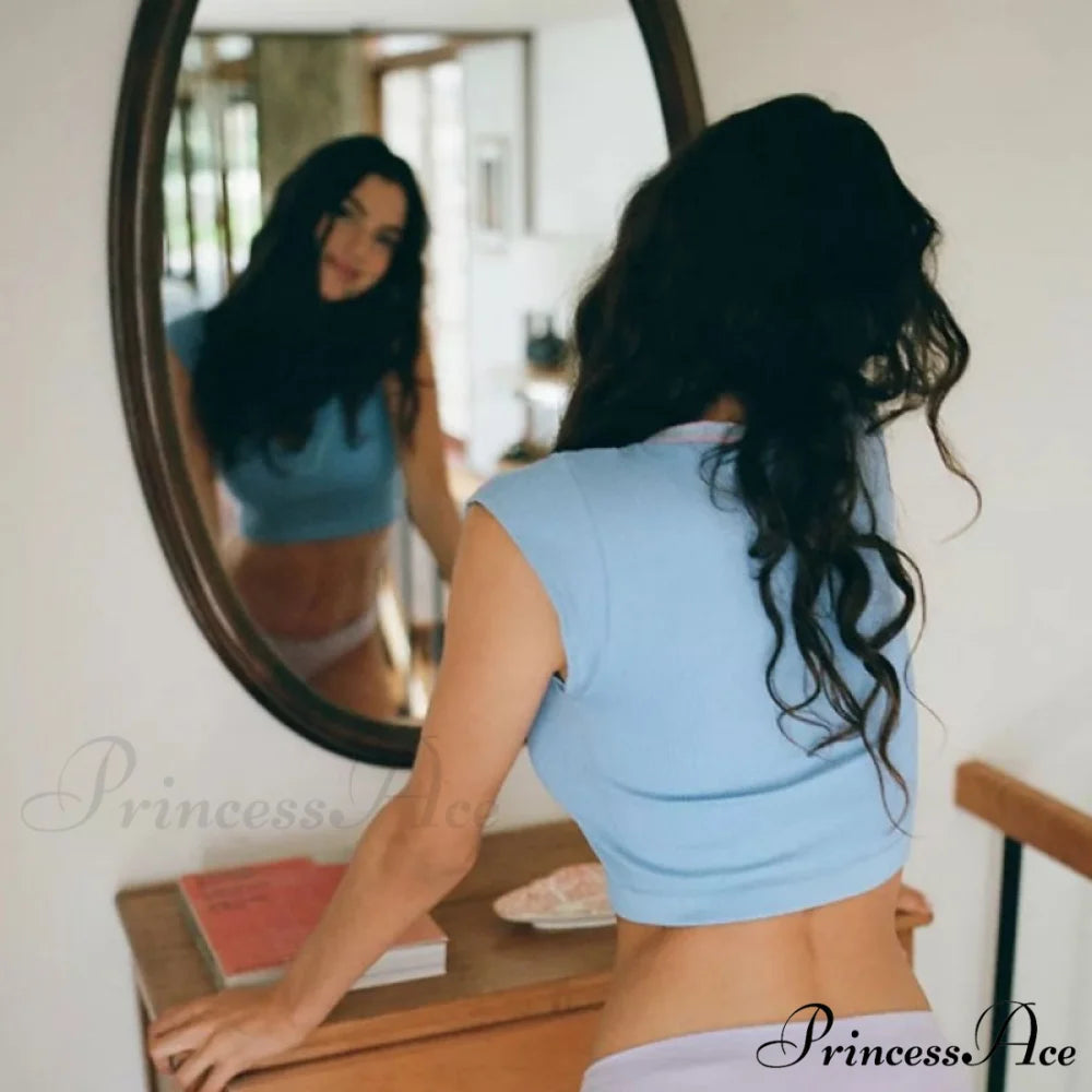 Candy Panel Crossed Halter Neck Classic Knitted Crop Tank Top - Multicolor L / Blue