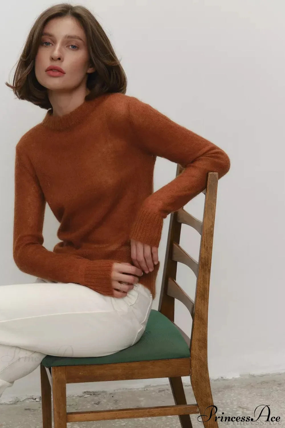 Candy Pastels Sheer Crew Neck Lightweight Knit Top Caramel / S