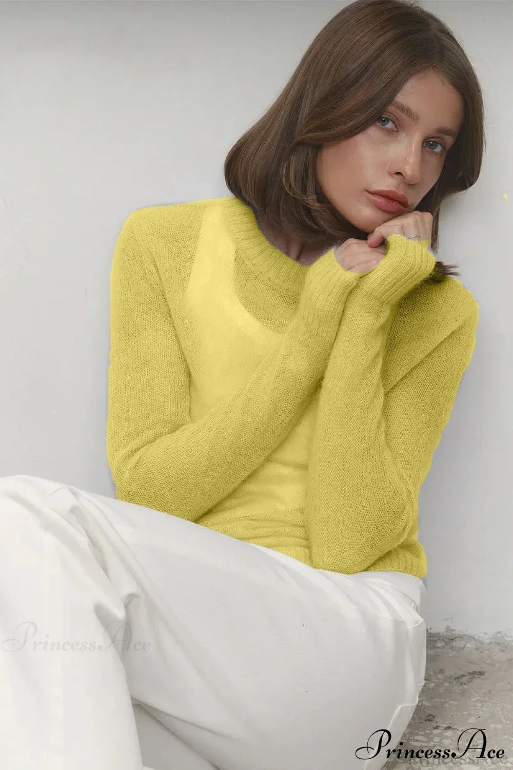 Candy Pastels Sheer Crew Neck Lightweight Knit Top Yellow / S
