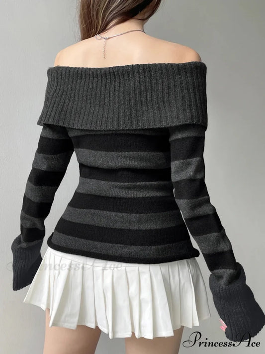 Candy Striped Bandage Knitted Slash Neck Extended Sleeve Pullover Jumper knittop-250126