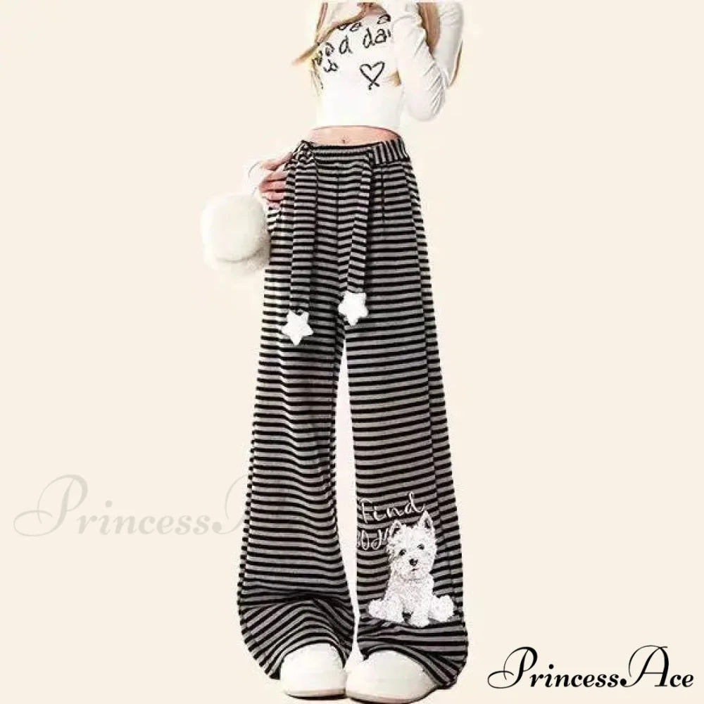 Canine Patterned Striped Fleece Informal Trousers black 1 / S pants-241228