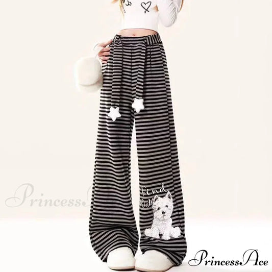 Canine Patterned Striped Fleece Informal Trousers black / S pants-241228