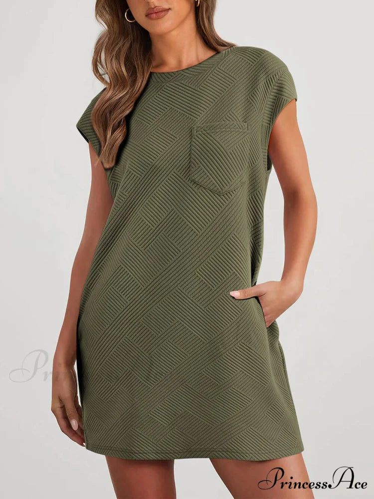 Cap Sleeve Crew Neck Graceful Casual Loose Basic Mini Dress