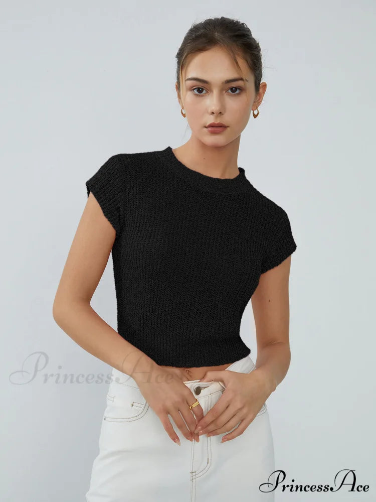 Cap Sleeve Graceful Knit Crop Top Black / XS