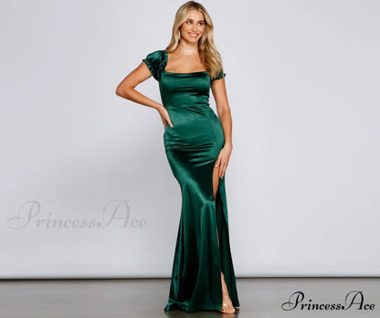 Capri Formal High Charming Slit Satin Dress HUNTER / XS