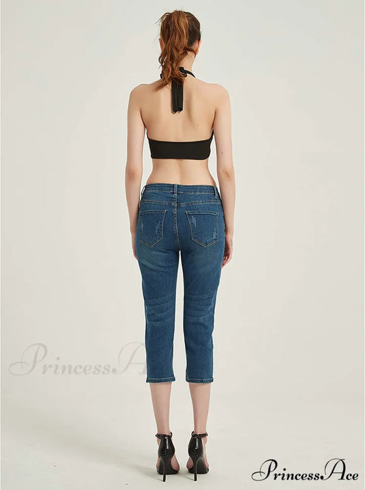 Capri Jeans Embroidered Stretch Mid-Rise Skinny Cropped Denim Capris