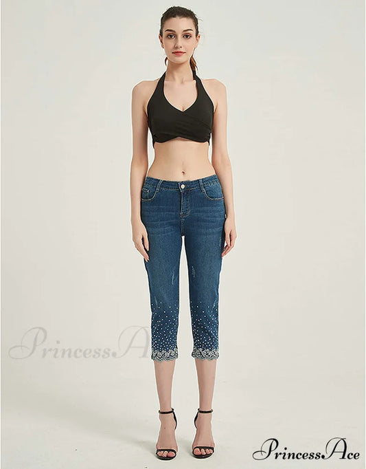 Capri Jeans Embroidered Stretch Mid-Rise Skinny Cropped Denim Capris