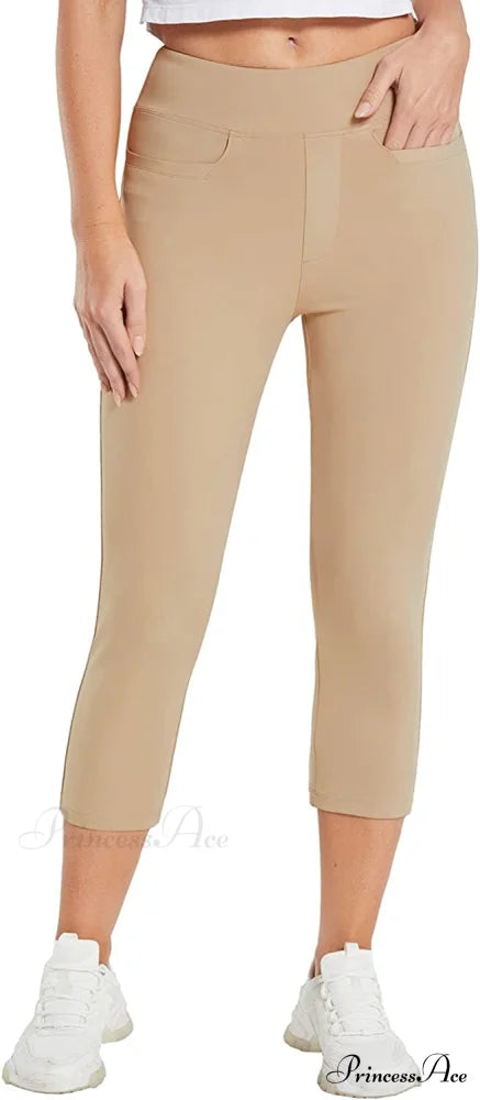 Capri Pants for Women Casual Pull On Yoga Dress Capris Khaki / Large