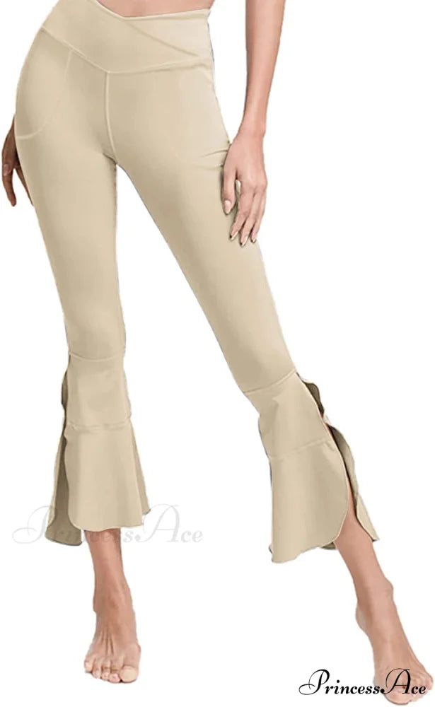 Capri Yoga Pants Cross High Waisted Cropped Slit Flared Ruffle Bottom