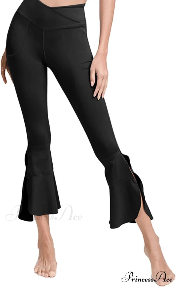 Capri Yoga Pants Cross High Waisted Cropped Slit Flared Ruffle Bottom