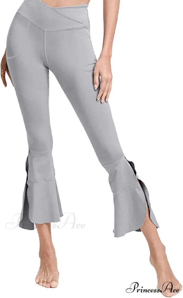 Capri Yoga Pants Cross High Waisted Cropped Slit Flared Ruffle Bottom