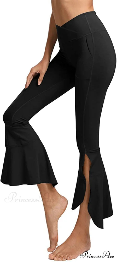 Capri Yoga Pants Cross High Waisted Cropped Slit Flared Ruffle Bottom Black / X-Small