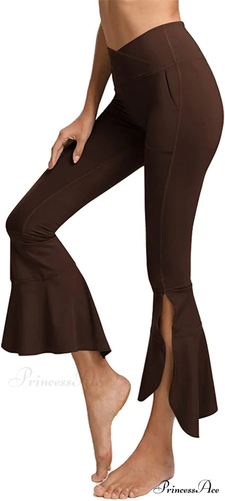 Capri Yoga Pants Cross High Waisted Cropped Slit Flared Ruffle Bottom Brown / X-Small