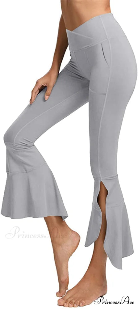 Capri Yoga Pants Cross High Waisted Cropped Slit Flared Ruffle Bottom Grey / X-Small