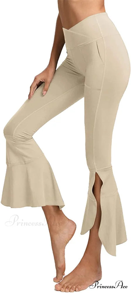 Capri Yoga Pants Cross High Waisted Cropped Slit Flared Ruffle Bottom Khaki / X-Small