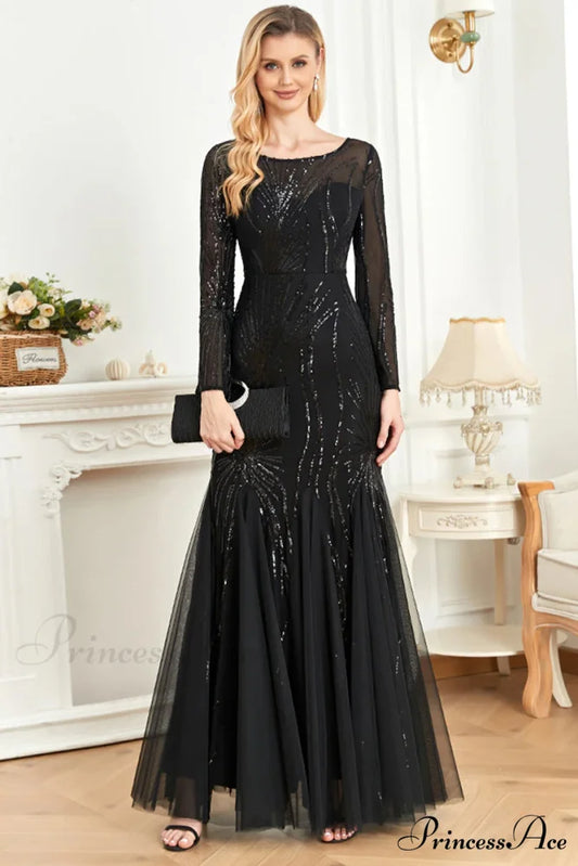 Captivating Glam Sequin Trendy Long Sleeve Maxi Dress Black / S