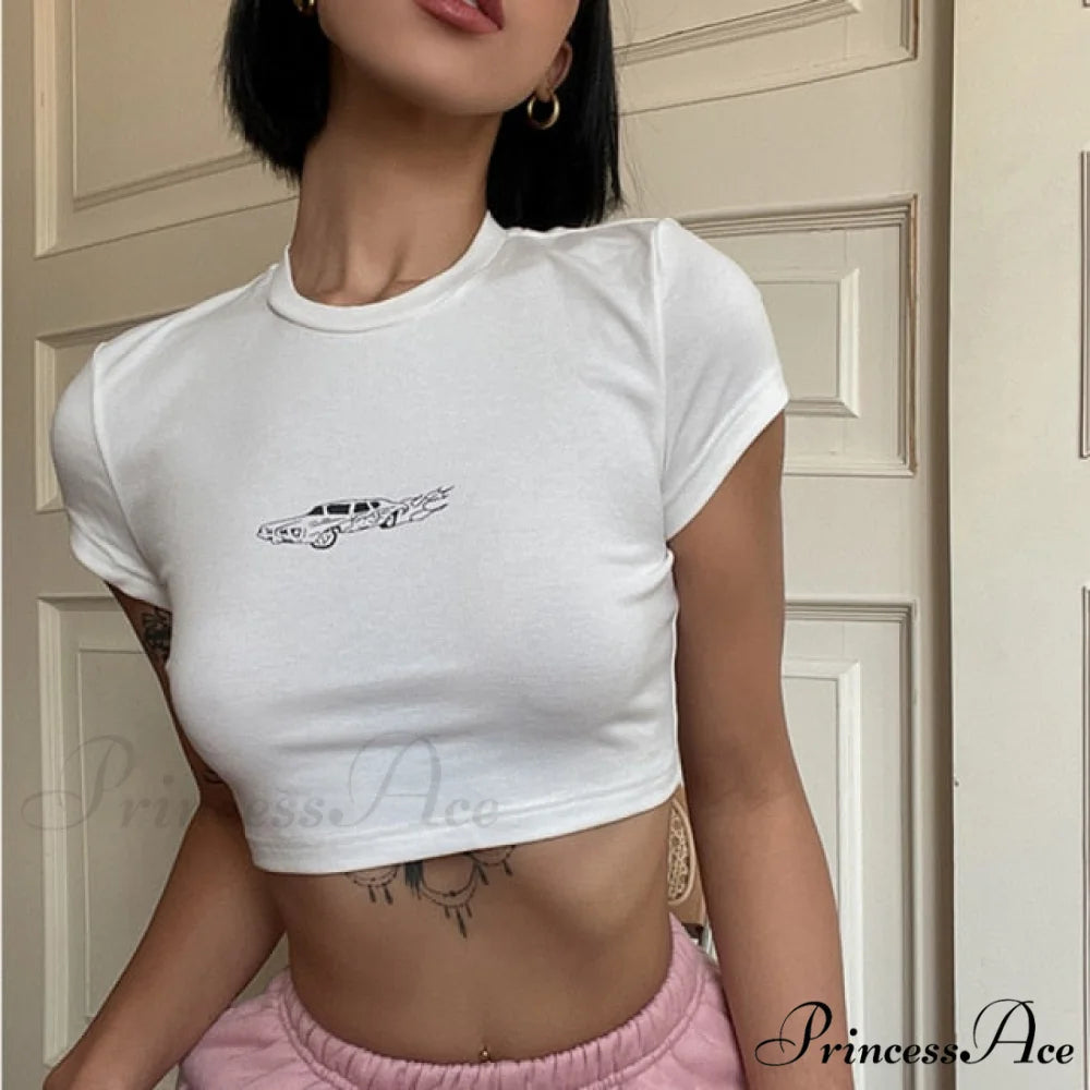 Car Print Stylish White Baby Tee White / M