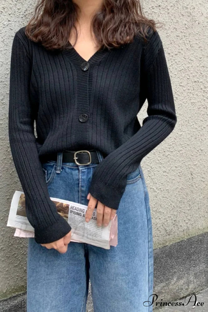 Cardigan Button with Ribbed V-neckline Black / One Size