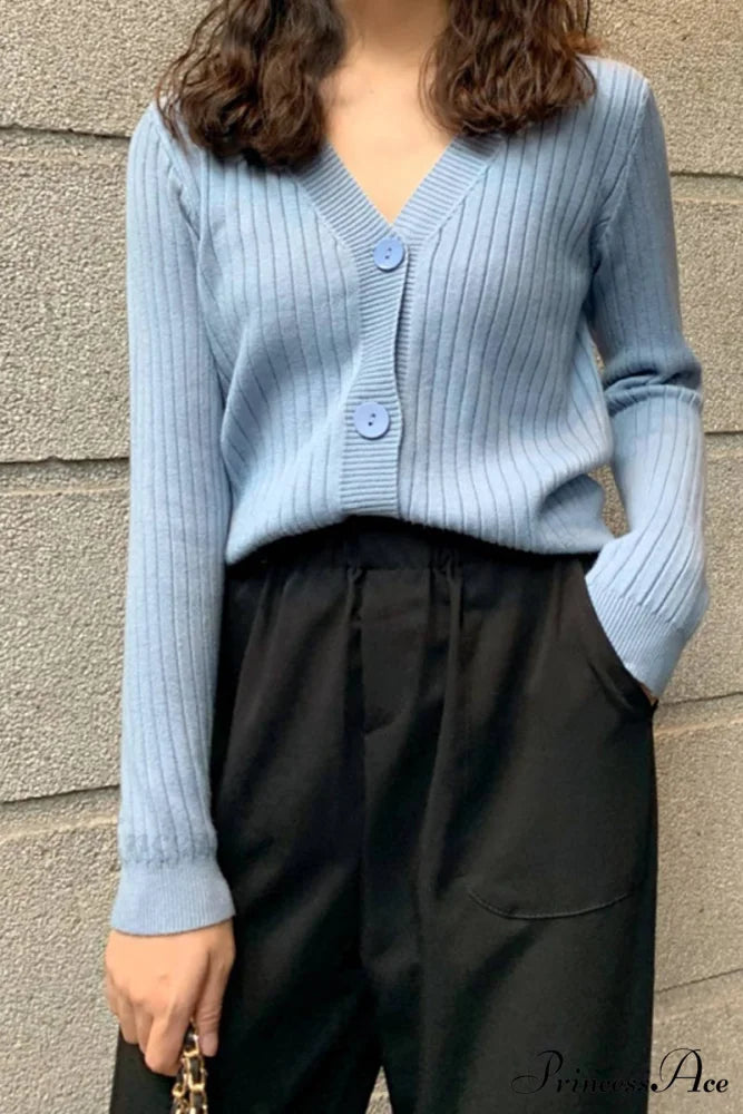 Cardigan Button with Ribbed V-neckline Light Blue / One Size