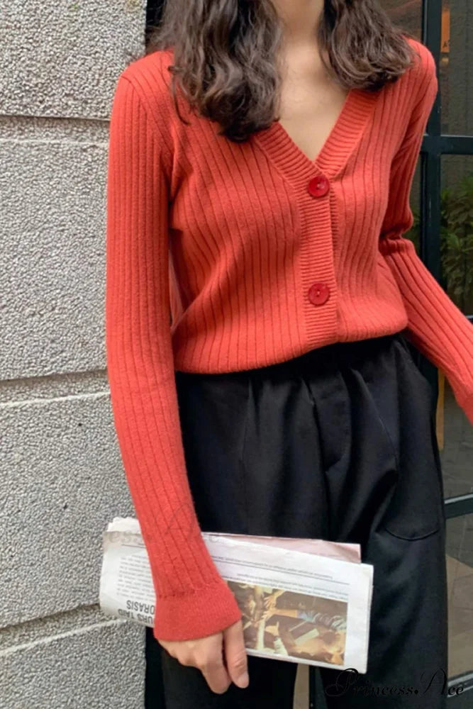 Cardigan Button with Ribbed V-neckline Watermelon Red / One Size