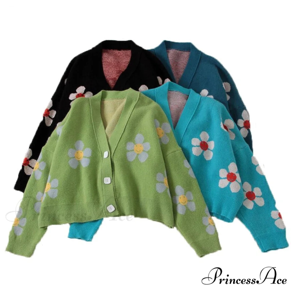 Cardigan Style Doat Retro Design Knitted College V-neck Spring Loose Green Light Flower Sweater Blouse