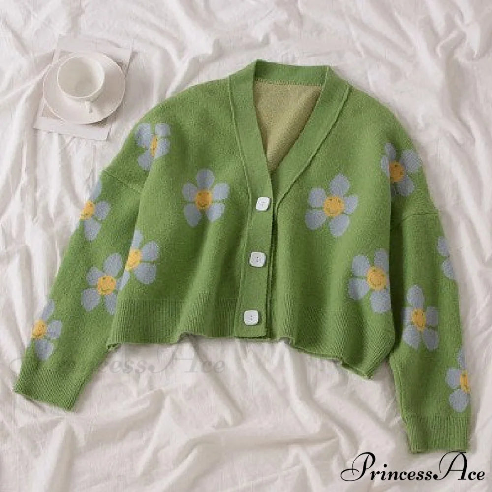 Cardigan Style Doat Retro Design Knitted College V-neck Spring Loose Green Light Flower Sweater Blouse One Size / green