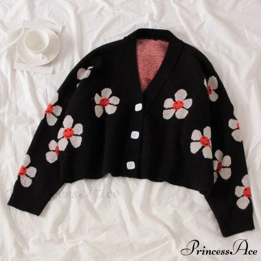 Cardigan Style Doat Retro Design Knitted College V-neck Spring Loose Green Light Flower Sweater Blouse One Size / black