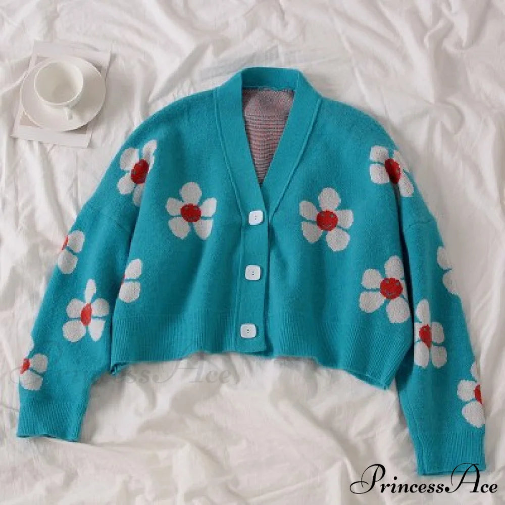 Cardigan Style Doat Retro Design Knitted College V-neck Spring Loose Green Light Flower Sweater Blouse One Size / light