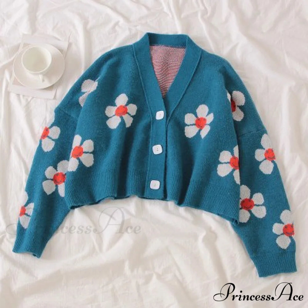 Cardigan Style Doat Retro Design Knitted College V-neck Spring Loose Green Light Flower Sweater Blouse One Size / navy