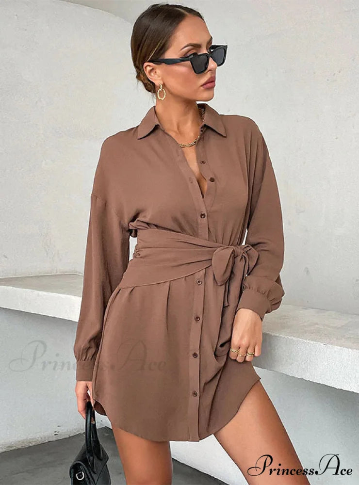 CARDIGAN TIE LAPEL LONG SLEEVE SHIRT DRESS