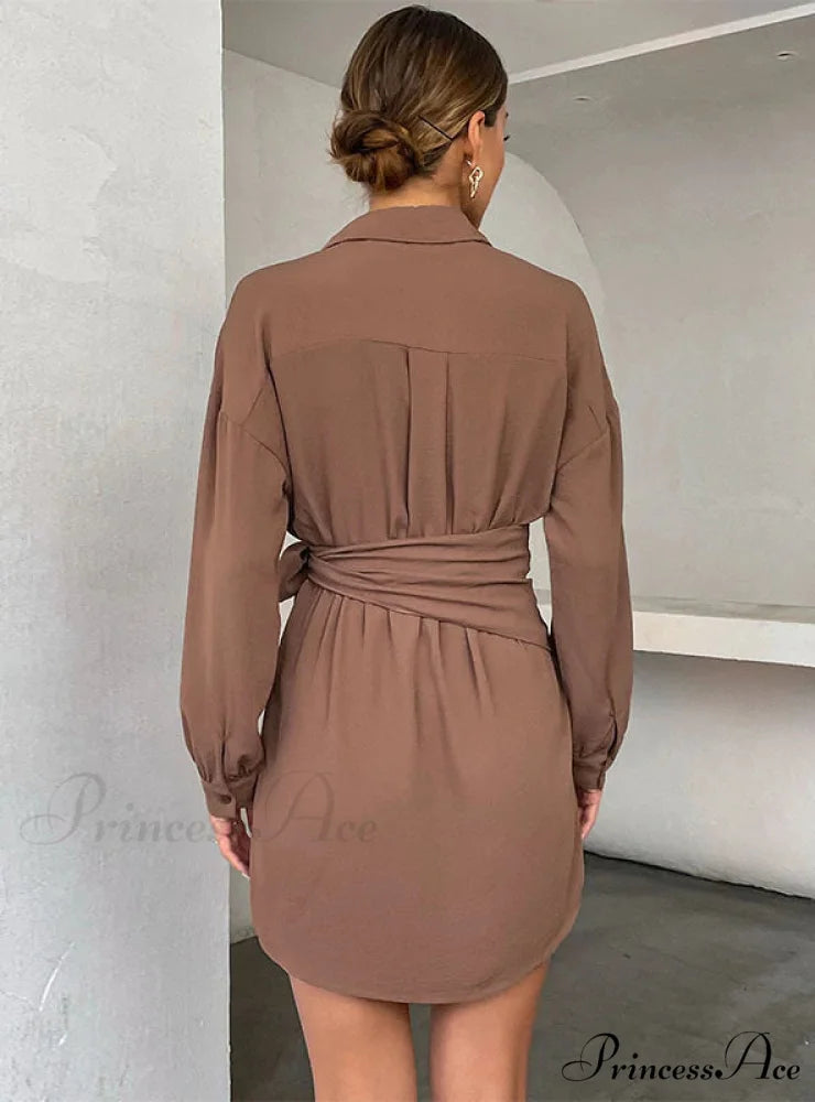 CARDIGAN TIE LAPEL LONG SLEEVE SHIRT DRESS