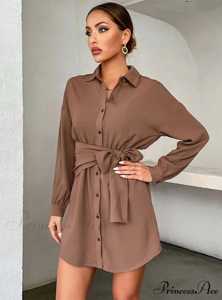 CARDIGAN TIE LAPEL LONG SLEEVE SHIRT DRESS