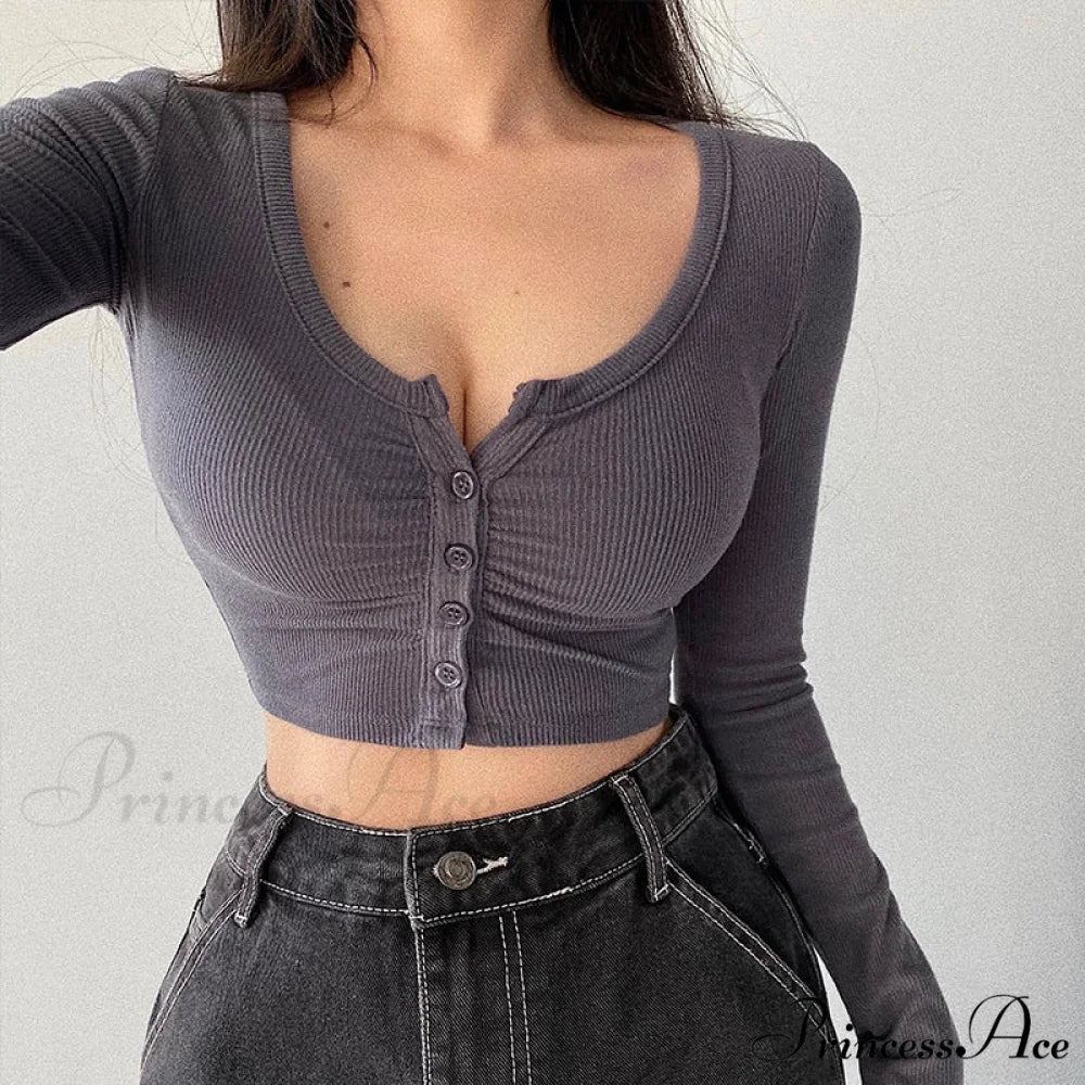 Cardigan V-neck Solid Arm Women’s Long Slim Korean - Color Grey / S