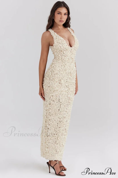 Carena Plunge Floral Charming Applique Maxi Dress