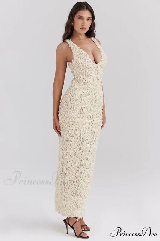 Carena Plunge Floral Charming Applique Maxi Dress