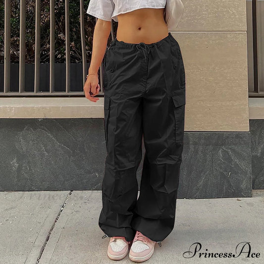 Cargo Pants Straight Wide Leg Loose Casual Trousers Black / XS