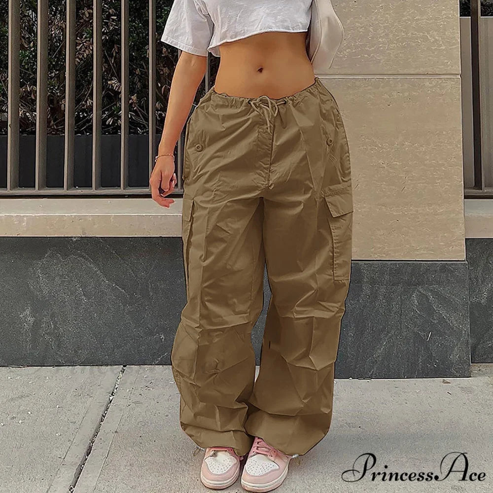 Cargo Pants Straight Wide Leg Loose Casual Trousers Khaki / XS