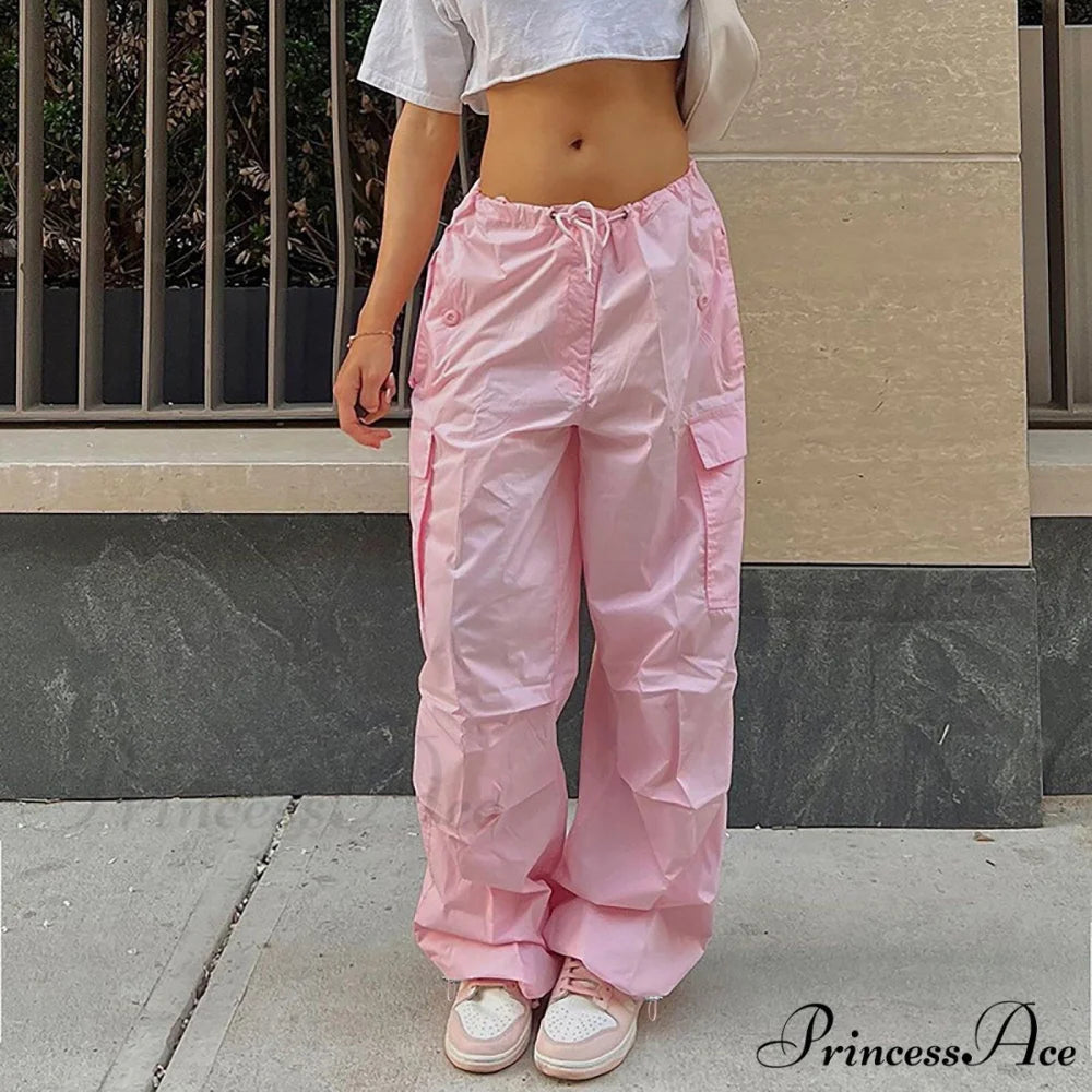 Cargo Pants Straight Wide Leg Loose Casual Trousers Pink / XS