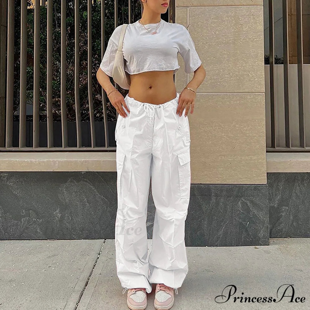 Cargo Pants Straight Wide Leg Loose Casual Trousers White / XS