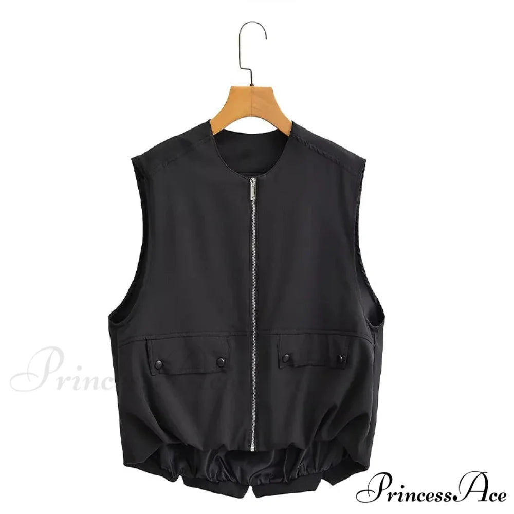 Cargo Pocket Stylish Drawstring Waistcoat black / XS