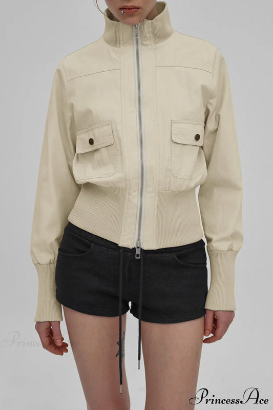 Cargo Zip Pocket Stand Collar Waist Casual Jacket