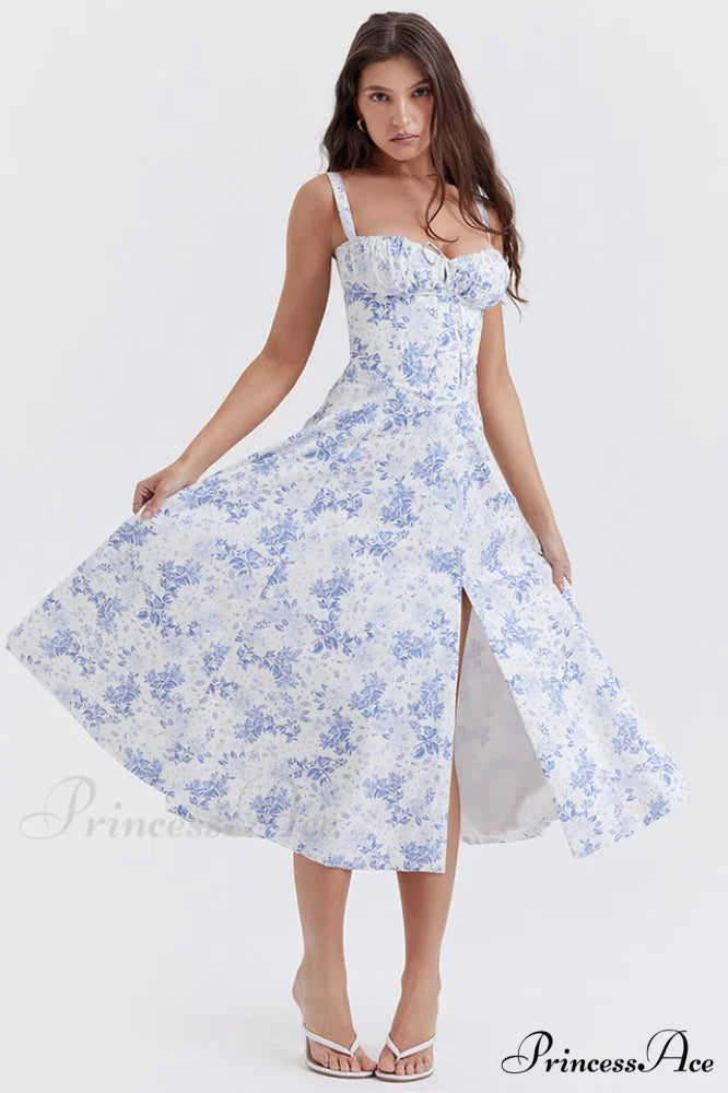Carmen Elegant Bustier Sundress XS / Blue Print