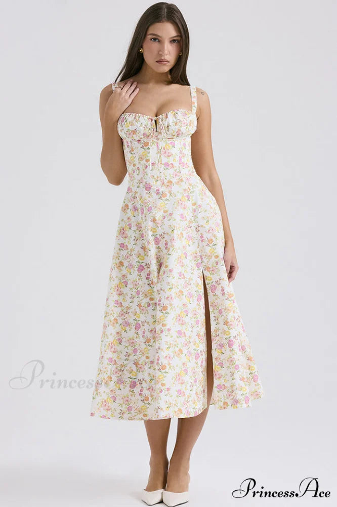 Carmen Elegant Bustier Sundress XS / Ivory Meadow Print