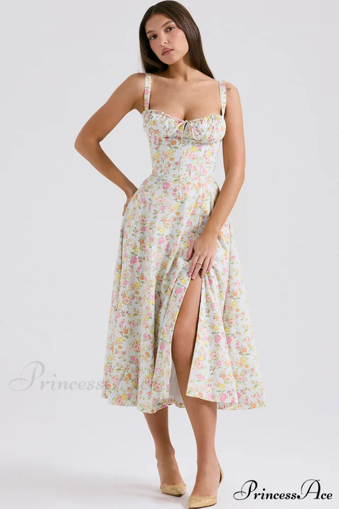 Carmen Elegant Bustier Sundress XS / Pale Blue Meadow Print